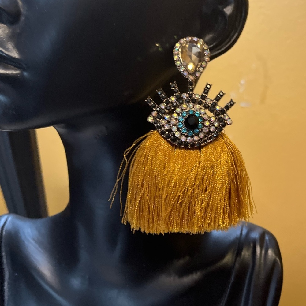 Crystal Evil Eye Tassel Earrings